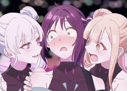  3girls @_@ blonde_hair blush brown_eyes cho_kaguya-hime! commentary_request covered_collarbone hand_on_another's_shoulder kaguya_(cho_kaguya-hime!) kara_illu medium_hair multiple_girls open_mouth purple_hair runami_yachiyo sakayori_iroha side_ponytail upper_body violet_eyes white_hair yellow_eyes 