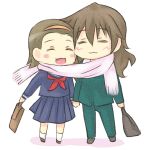  bag brown_hair chibi closed_eyes edasaki_banri eyes_closed formal kiyama_harumi long_hair pant_suit piku scarf school_uniform serafuku shared_scarf short_hair suit to_aru_kagaku_no_railgun to_aru_majutsu_no_index 