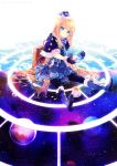  black_cat blonde_hair blue_eyes boots bow capelet cat cup dress globe gloves hat long_hair luggage namie-kun original pantyhose saucer sitting sky solo space star_(sky) starry_sky tea teacup very_long_hair 