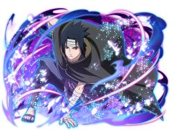  1boy bandaged_hand bandaged_head bandages black_cloak black_hair cloak looking_at_viewer naruto_(series) naruto_shippuuden naruto_shippuuden:_ultimate_ninja_blazing official_art red_eyes sandals sharingan solo uchiha_sasuke 