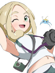  1girl absurdres blonde_hair camera capri_pants commentary_request green_eyes green_pants highres holding holding_camera one_eye_closed open_mouth pants pokemon pokemon_(creature) pokemon_xy shirt short_hair sleeveless sleeveless_shirt smile surskit upper_body viola_(pokemon) white_shirt wristband yuduru_1008 