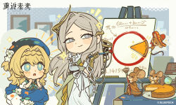  +_+ 2girls :o absurdres beret black_hat blonde_hair blue_dress blue_eyes canvas_(object) chibi chinese_commentary circle closed_mouth commentary_request copyright_name copyright_notice dress easel fang feet_out_of_frame flower food gloves green_eyes grey_hair hair_ornament hat hat_flower highres kiperina logo long_hair looking_at_another looking_to_the_side lorentz_butterfly math mole mole_under_eye mouse_(animal) multiple_girls official_alternate_costume official_art open_mouth paintbrush pi_(math) pi_day pie pie_slice red_hat reverse:1999 single_glove smile sombrero sparkle the_perezes_(reverse:1999) white_dress white_flower yellow_gloves 