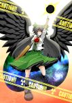  arm_cannon bad_id black_hair bow cape caution doseisan_(dosei-san) hair_bow highres large_wings long_hair radiation_symbol red_eyes reiuji_utsuho solo touhou weapon wings 