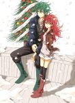  1girl bad_id boots christmas christmas_tree coat couple dandruff flaky flippy green_eyes green_hair happy_tree_friends height_difference highres petite red_eyes red_hair redhead sitting size_difference snow snowing standing sweater_dress tears thigh-highs thighhighs yuki_(fuguneko) 