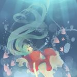  bad_id dress fish hatsune_miku highres long_hair musical_note nicohi no_nose red_dress singing solo twintails underwater vocaloid 