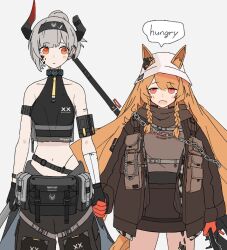  2girls animal_ear_fluff animal_ears arknights bag belt belt_pouch black_gloves body_armor carrier ceobe_(arknights) ceobe_(unfettered)_(arknights) chain coat commentary commentary_request crop_top english_text gloves hashtag-only_commentary headband helmet holding_hands horns infection_monitor_(arknights) logo looking_at_another material_growth midriff multiple_girls okaru4765857 oripathy_lesion_(arknights) pouch red_gloves tail vulcan_(arknights) vulcan_(ignis)_(arknights) waist_bag 