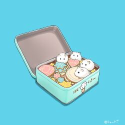  animal aqua_background commentary cookie cookie_tin_(object) english_commentary food hamster looking_at_viewer no_humans on_food original signature simple_background translation_request upiupisyo 