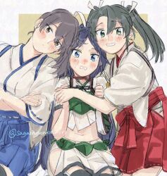  3girls black_hair black_thighhighs blue_eyes blue_hakama commentary_request cowboy_shot grey_hair hakama hakama_short_skirt hakama_skirt hug japanese_clothes kaga_(kancolle) kantai_collection katsuragi_(kancolle) long_hair multiple_girls ponytail red_hakama sagamiso side_ponytail skirt tasuki thigh-highs twintails white_skirt zuikaku_(kancolle) 