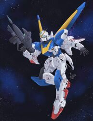  2025 absurdres artist_name english_commentary flying green_eyes gun gundam highres holding holding_gun holding_weapon mattikron mecha mecha_focus mobile_suit no_humans open_hand robot science_fiction space star_(symbol) v-fin v2_gundam victory_gundam weapon 