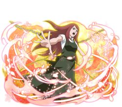  1girl chain dress green_dress green_eyes long_hair naruto_(series) naruto_shippuuden naruto_shippuuden:_ultimate_ninja_blazing official_art open_mouth red_hair shirt short_sleeves sleeveless sleeveless_dress solo teeth uzumaki_kushina white_shirt 