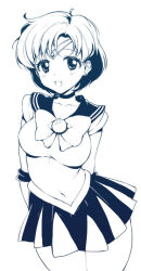  1girl arms_behind_back bad_id bad_pixiv_id bishoujo_senshi_sailor_moon bow bowtie breasts choker circlet collarbone commentary earrings grey_hair jewelry looking_at_viewer miniskirt mizuno_ami monochrome mucha_(muchakai) pleated_skirt sailor_collar sailor_mercury sailor_senshi sailor_senshi_uniform short_hair skirt solo stud_earrings 