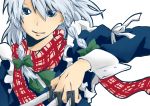  absurdres blue_eyes bow braid close earrings grey_hair hair_bow highres izayoi_sakuya jewelry knife perfect_cherry_blossom scarf short_hair silver_hair smile solo throwing_knife touhou twin_braids weapon 