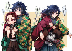  2boys belt black_hair black_jacket black_pants blue_eyes bright_pupils buttons checkered_haori closed_mouth commentary_request demon_slayer_uniform earrings empty_eyes gold_buttons hanafuda_earrings haori high_collar jacket japanese_clothes jewelry kamado_tanjirou kikkoumon kimetsu_no_yaiba long_hair low_ponytail male_focus multiple_boys multiple_views open_mouth pants parted_lips ponytail print_haori red_eyes red_hair red_haori spiky_hair teeth tobidayooon tomioka_giyuu translation_request white_belt white_pupils 