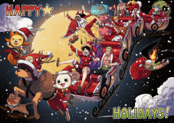 2girls 6+boys black_wings blonde_hair blush boned_meat brook_(one_piece) candy candy_cane cat christmas clouds commentary crezz_(infj_crezz) deer english_commentary fire food franky_(one_piece) full_moon going_merry green_hair hat jinbe_(one_piece) lion meat merry_christmas monkey_d._luffy moon multiple_boys multiple_girls nami_(one_piece) nico_robin one_piece orange_hair roronoa_zoro sack santa_costume santa_hat sleigh snowing stitched_torso stitches thousand_sunny tony_tony_chopper usopp wings 