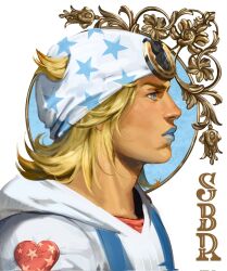  1boy blonde_hair blue_eyes blue_lips commentary copyright_name english_commentary filigree from_side hat heart highres hood hood_down hooded_shirt horseshoe_ornament johnny_joestar jojo_no_kimyou_na_bouken lis_cepu male_focus medium_hair patterned_clothing profile red_shirt shirt solo star_(symbol) steel_ball_run white_background white_shirt 