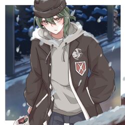  1boy bag black_coat black_hat black_pants border coat commentary_request fire_moth_logo_(honkai_impact) green_hair grey_shirt grocery_bag h3_hk hand_in_pocket hat highres holding holding_bag honkai_(series) honkai_impact_3rd hooded_shirt kosma looking_at_viewer male_focus orange_eyes pants shirt shopping_bag short_hair snowing solo white_border 