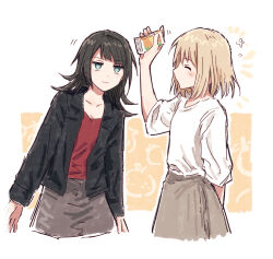  2girls arm_up bad_id bad_twitter_id bang_dream! bang_dream!_it's_mygo!!!!! black_hair black_jacket blue_eyes brown_skirt closed_eyes closed_mouth cowboy_shot drink_carton highres holding holding_juice_box jacket juice_box long_hair long_sleeves medium_hair misumi_uika multiple_girls profile red_shirt shirt skirt standing white_shirt yahata_umiri yukitake_(bullfalk) 