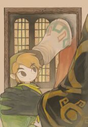  26_zzzzzz 2boys absurdres black_eyes blonde_hair commentary dark-skinned_male dark_skin different_reflection from_behind ganondorf green_hat hat head_out_of_frame headpat highres indoors link looking_at_another looking_up male_focus mirror multiple_boys parted_lips phrygian_cap pointy_ears reflection short_hair sidelocks the_legend_of_zelda the_legend_of_zelda:_ocarina_of_time the_legend_of_zelda:_the_wind_waker toon_link young_link 