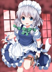  1girl apron back_bow blue_dress blue_eyes blue_wrist_cuffs blush bow bowtie braid breasts collared_shirt commentary dress frilled_wrist_cuffs frills full_moon green_bow green_bowtie grey_hair hair_bow highres holding holding_knife holster izayoi_sakuya knife long_hair looking_at_viewer maid maid_headdress medium_breasts moon open_mouth pinafore_dress puffy_short_sleeves puffy_sleeves red_moon ruu_(tksymkw) shirt short_sleeves sleeveless sleeveless_dress smile solo thigh_holster thigh_sheath thigh_strap touhou twin_braids waist_apron white_apron white_bow white_shirt wrist_cuffs 
