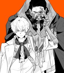  2boys armor artist_request black_hair cape closed_mouth gauntlets hair_between_eyes highres limbus_company looking_at_viewer male_focus mask meursault_(project_moon) mouth_mask multiple_boys official_alternate_costume orange_background parted_hair partially_colored pauldrons project_moon shirt short_hair shoulder_armor simple_background sinclair_(project_moon) single_gauntlet single_pauldron tube upper_body veiny_face wax_seal 