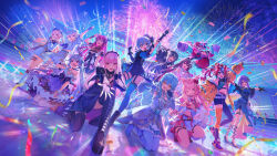  6+girls :d ;d absurdres aerial_fireworks alternate_costume animal_ears artist_request asymmetrical_clothes asymmetrical_legwear azki_(hololive) beret black_hair blonde_hair blue_hair boots braid breasts brown_hair chest_jewel colored_inner_hair company_name confetti double_bun dress elf fireworks frilled_dress frills gloves hair_bun hairband hakos_baelz hakui_koyori hand_up hat headset heart heart_hands high_heels highres hime_cut hololive hololive_dev_is hololive_dreams hololive_english hololive_indonesia horns hoshimachi_suisei irys_(hololive) jacket juufuutei_raden kneeling kokoro_(hakui_koyori) koseki_bijou kureiji_ollie long_hair long_sleeves looking_at_viewer mismatched_legwear moona_hoshinova mori_calliope mouse_ears mouse_girl mouse_tail multicolored_hair multiple_girls night official_art on_one_knee one_eye_closed open_clothes open_jacket otonose_kanade outdoors partially_fingerless_gloves patchwork_skin peaked_cap pink_hair pleated_skirt pointing pointing_up pointy_ears purple_hair reaching reaching_towards_viewer red_hair sailor_collar second-party_source shoes short_hair short_sleeves single_pantsleg skirt smile spiked_hairband spikes standing stitched_face stitches streaked_hair tail thigh-highs thigh_boots thigh_strap todoroki_hajime twintails virtual_youtuber white_hair wolf_ears wolf_girl wolf_tail yukihana_lamy zombie 