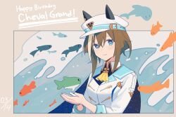  1girl absurdres animal_ears ascot blue_cape blue_eyes bright_pupils brown_hair cape cheval_grand_(grand_itineraire)_(umamusume) cheval_grand_(umamusume) closed_mouth commentary dated_commentary ear_covers ears_through_headwear fish gloves hair_between_eyes happy_birthday hat hat_belt highres horse_ears horse_girl jacket looking_at_viewer multicolored_hair myticalcat peaked_cap short_hair short_hair_with_long_locks sidelocks single_glove smile solo streaked_hair umamusume upper_body white_gloves white_hat white_jacket white_pupils white_streaks yellow_ascot 