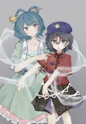  2girls aqua_dress black_eyes black_hair black_skirt bloomers blue_eyes blue_hair chisel closed_mouth collarbone commentary_request cowboy_shot dress feixianji_(hairstyle) floating frilled_dress frills grey_background hair_rings hat head_tilt highres kaku_seiga looking_at_viewer miyako_yoshika multiple_girls nanaku newsboy_cap open_clothes open_mouth open_vest outstretched_arms petticoat puffy_short_sleeves puffy_sleeves purple_hat rope shimenawa shirt short_hair short_sleeves simple_background skirt sleeve_cuffs smile standing touhou vest white_bloomers white_shirt white_vest zombie_pose 