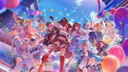  6+girls :d ;d absurdres aki_rosenthal alternate_costume animal_ears anya_melfissa artist_request asymmetrical_legwear balloon belt beret blonde_hair blue_hair boots breasts brown_hair claws clothing_cutout coat colored_tips company_name confetti curled_horns dark-skinned_female dark_elf dark_skin day detached_sleeves dog_ears dog_girl dog_tail double_bun dress elf eyepatch fur_thighhighs fuwawa_abyssgard gloves gown grey_hair hair_bun hair_ornament hair_wings hand_up hat headset highres hololive hololive_dreams hololive_english hololive_indonesia hood hooded_jacket horns houshou_marine jacket jewelry kobo_kanaeru long_hair long_sleeves looking_at_viewer midriff mismatched_legwear mococo_abyssgard momosuzu_nene multicolored_hair multiple_girls natsuiro_matsuri necklace number_print official_art on_one_knee one_eye_closed one_eye_covered open_clothes open_coat open_jacket orange_hair outdoors partially_fingerless_gloves pavolia_reine peaked_cap pink_hair pirate_hat pleated_skirt pointy_ears ponytail print_shirt puffy_detached_sleeves puffy_sleeves quilted_jacket red_hair second-party_source sheep_ears sheep_girl sheep_horns shiranui_flare shirt shoes short_hair short_shorts shorts siblings sisters sitting skirt sleeveless smile socks standing tail takane_lui thigh-highs tokino_sora torn_clothes torn_thighhighs tsunomaki_watame twins twintails untucked_shirt virtual_youtuber visor_cap wavy_hair white_hair 