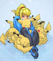  1girl blonde_hair blue_eyes blush bodysuit commentary_request cuddling happy heavy_breathing holding holding_pokemon hug hug_from_behind long_hair metroid pikachu pokemon pokemon_(creature) ponytail samus_aran scrunchie sitting sleeping super_smash_bros. too_many too_many_pikachu yoshitsuki zero_suit 