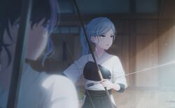  2girls archery arrow_(projectile) asahina_mafuyu black_hakama black_shirt blue_eyes blurry blurry_foreground bow_(weapon) breath brown_gloves clothing_cutout colorful_palette cowboy_shot depth_of_field dot_nose empty_eyes game_cg gloves hakama hakama_skirt highres hinomori_shizuku hip_vent holding holding_arrow holding_bow_(weapon) holding_weapon japanese_clothes kimono kyuudou long_sleeves looking_ahead medium_hair mole mole_under_mouth multicolored_eyes multiple_girls muneate official_art open_mouth partially_fingerless_gloves ponytail project_sekai purple_hair shirt shirt_under_kimono sidelighting sidelocks single_glove skirt swept_bangs third-party_source two-tone_eyes upper_body violet_eyes wavy_hair wavy_sidelocks weapon white_kimono wide_sleeves yugake yumi_(bow) yumihike_shiro_no_sekai_de_(project_sekai) 