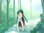  arms_behind_back bare_shoulders barefoot dress flat_chest forest green_eyes green_hair leaning_forward long_hair nature open_mouth path saya saya_no_uta see-through solo strap_slip sundress tam2 tree very_long_hair 