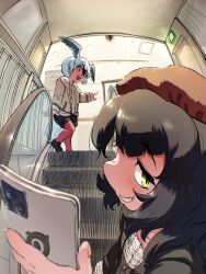  2girls bird_girl bird_tail bird_wings black_hair brown_eyes cellphone commentary_request feathered_wings green_eyes grey_hair hat head_wings highres indoors jacket japari_symbol kemono_friends kemono_friends_3 long_hair mcgunngu multiple_girls pantyhose phone ross's_gull_(kemono_friends) sagojo_(kemono_friends) shoes short_hair skirt smartphone tail wings 