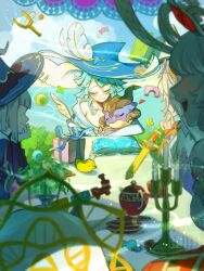  5girls :d alice_(genshin_impact) andersdotter_(genshin_impact) apple aqua_hair artist_name ball barbeloth_(genshin_impact) beret blonde_hair blue_dress blue_hat blue_sky blunt_bangs blunt_ends blush bob_cut book box breasts bush candelabra candle candlestand candy closed_eyes closed_mouth clouds commentary_request cup day double_helix dragon dress durin_(genshin_impact) earrings elbow_gloves elbow_rest eyelashes fangs fangs_out flower food fruit genshin_impact gift gift_box gloves gnsn_tera gold_halo green_flower grey_hair halo hand_up hat hat_feather head_rest highres holding holding_quill hoop_earrings jewelry large_breasts light_particles long_hair medium_hair mini_durin_(genshin_impact) multiple_girls nicole_reeyn off-shoulder_dress off_shoulder open_book open_mouth outdoors paperclip_hair_ornament plant quill rhinedottir_(genshin_impact) safety_pin saucer short_hair sky slingshot_(weapon) smile sparkle table teacup teapot teeth toy toy_block toy_sword toy_train twitter_username u_u upper_teeth_only veil watermark white_gloves white_hat white_veil witch_hat yellow_flower 