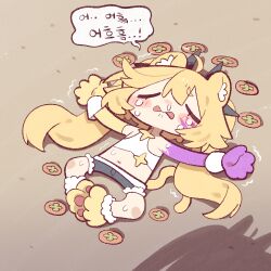  1girl animal_ears bare_shoulders blonde_hair clear_(djmax) closed_eyes cocomayo29_(tomato) commentary_request djmax djmax_respect hair_between_eyes korean_commentary long_hair lying midriff on_back solo speech_bubble tail translation_request 