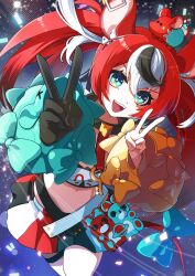  1girl absurdres animal_ears black_hair blue_eyes blush breasts commentary hair_ornament hakos_baelz highres hololive hololive_english long_hair looking_at_viewer mo_komo_ko_(kamui_akira) mouse_ears mouse_girl mouse_tail multicolored_hair open_mouth red_hair smile solo streaked_hair tail twintails virtual_youtuber white_hair 