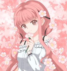  1girl arm_cutout bare_shoulders black_ribbon bra_strap brown_eyes brown_pupils buttons center_frills cherry_blossoms chinese_commentary closed_mouth clothing_cutout collarbone commentary_request dot_nose eyelashes floral_background flower flower-shaped_pupils flower_to_mouth frilled_shirt frilled_sleeves frills hair_flower hair_ornament hair_ribbon happy highres holding holding_flower infinity_nikki light_blush long_hair long_sidelocks long_sleeves looking_at_viewer low_twintails nikki_(nikki) nikki_(series) off-shoulder_shirt off_shoulder perfect_start_(infinity_nikki) pink_background pink_flower pink_hair puffy_long_sleeves puffy_sleeves ribbon sanjiaofantuan35435 shirt sidelocks smile snowflakes solo symbol-shaped_pupils tress_ribbon twintails upper_body very_long_hair wavy_hair white_shirt 