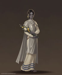  1girl 2025 5health absurdres alien black_eyes black_hair black_nails bouquet braid breasts colored_skin dirty dirty_clothes dress fingernails flower grey_skin hair_flower hair_ornament highres holding holding_bouquet light_smile long_fingernails marda_ro medium_breasts no_sclera official_art parted_bangs pointy_ears sandals simple_background single_braid star_wars star_wars:_the_high_republic white_dress white_poncho 