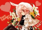  copyright_request flower happy_valentine heart hood lily_(flower) michi_ta_(masquerade) red_eyes rose sitting solo valentine yellow_rose 