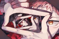  2boys black_jacket black_nails commentary english_commentary extra_eyes finger_frame finger_frame_over_eye fingernails four_eyes highres hood hood_down hooded_jacket hoodie itadori_yuuji jacket jujutsu_kaisen looking_at_viewer male_focus multiple_boys pink_hair recursion red_hoodie ryoumen_sukuna_(jujutsu_kaisen) short_hair tuuu06167427 yellow_eyes 
