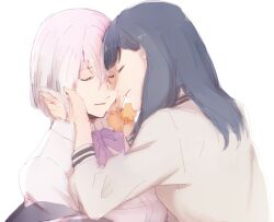  2girls black_hair bow bowtie cardigan closed_eyes collared_shirt commentary crying forehead-to-forehead gridman_universe hands_on_another's_face heads_together jacket long_hair medium_hair multiple_girls orange_scrunchie parsley_(artist) parted_lips pink_hair purple_bow purple_bowtie purple_jacket school_uniform scrunchie shinjou_akane shirt smile ssss.gridman takarada_rikka white_background white_cardigan white_shirt yuri 