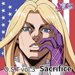  1boy absurdres american_flag araki_hirohiko_(style) argyle_clothes argyle_gloves blonde_hair blue_eyes english_commentary english_text flag_background funny_valentine gloves hachuart hand_on_own_cheek hand_on_own_face hand_up highres jojo_no_kimyou_na_bouken jojo_pose logo long_hair looking_at_viewer male_focus official_style parody parted_lips pink_gloves portrait purple_gloves solo steel_ball_run straight-on style_parody teeth 