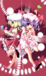  araimon back-to-back bat_wings blonde_hair blue_hair danmaku dress fangs flandre_scarlet frills hat highres multiple_girls open_mouth pink_dress red_dress red_eyes remilia_scarlet scarf shared_scarf siblings side_ponytail sisters smile touhou vampire wings 