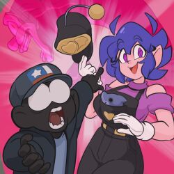  1boy 1girl antenna_hair apron_pouch artist_self-insert belt black_belt black_pants black_skin blue_hair blue_jacket colored_skin demon_girl emi_(twistedgrim) flag_print gloves heart_on_chest highres jacket monster_girl open_mouth original pants pink_background pink_eyes pointing pointing_at_another pointy_ears short_hair smile surprised thighs twistedgrim white_gloves wide-eyed 