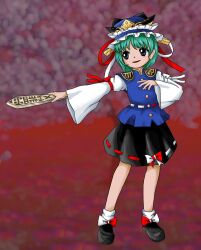  1girl asymmetrical_hair bare_legs black_shoes black_skirt blue_eyes blue_vest bow breasts epaulettes footwear_bow frilled_hat frills full_body green_hair hand_on_own_chest hat highres laruc_larum legs long_sleeves looking_to_the_side medium_hair multicolored_bow official_style open_mouth outstretched_arms puffy_sleeves red_background ribbon-trimmed_skirt ribbon_trim rod_of_remorse shiki_eiki shoes skirt small_breasts smile socks solo spread_arms standing touhou vest white_socks wide_sleeves zun_(style) 