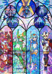  1girl 4boys armor black_armor black_eyes black_helmet blue_armor blue_eyes blue_helmet commentary_request copy_x_(mega_man) dual_wielding facial_mark fairy_leviathan_(mega_man) fighting_fefnir_(mega_man) fins forehead_jewel green_armor green_eyes green_helmet head_fins helmet hidden_phantom_(mega_man) highres holding holding_cannon holding_polearm holding_sword holding_weapon horns mechanical_wings mega_man_(series) mega_man_zero_(series) multiple_boys ninja pisuke_(zenmai_jikake) polearm red_armor red_eyes red_helmet red_scarf sage_harpuia_(mega_man) scarf spear stained_glass sword watermark weapon wings 