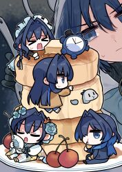  absurdres blue_eyes blue_hair boros_(ouro_kronii) breasts clipe food hair_intakes highres hololive hololive_english kronie_(ouro_kronii) long_hair multiple_girls official_alternate_costume ouro_kronii ouro_kronii_(1st_costume) ouro_kronii_(4th_costume) ouro_kronii_(casual) ouro_kronii_(maid) ouro_kronii_(new_year) pancake pancake_stack virtual_youtuber 