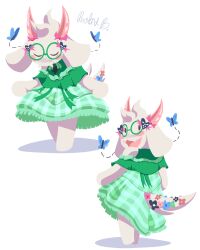  1boy absurdres alternate_costume animal_ears barefoot black_eyes blush bug butterfly closed_mouth commentary crossdressing crossdressing_(mtf) deltarune dress english_commentary fangs flower furry furry_male glasses green-framed_eyewear green_dress highres horns looking_at_viewer male_focus open_mouth ralsei robablo round_eyewear simple_background skin_fangs smile solo tail utdr_(toby_fox) white_background 