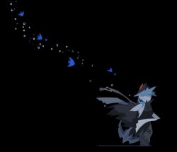  1boy anchor arknights black_background black_cape black_hat cape commentary facing_away full_body grey_hair grey_pants hat highres long_hair male_focus pants samdannonbeop simple_background solo torn_cape torn_clothes tropical_fish twitter_sparkles ulpianus_(arknights) untranslatable_commentary 