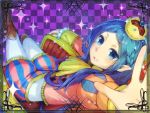  blue_hair blush checkered crown elf fantasy nekotama_(artist) original pantyhose pointy_ears sitting solo 