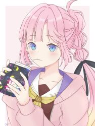  1girl ahoge anyoji_hime black_ribbon blonde_hair blue_eyes brown_dress buchiko_(shakishaki25726) commentary dress drink_carton drinking drinking_straw drinking_straw_in_mouth gaming_strawberry_milk_(love_live!) gradient_hair hair_ribbon hasu_no_sora_school_uniform highres holding holding_milk_carton hood hooded_jacket jacket link!_like!_love_live! long_hair long_sleeves love_live! milk_carton multi-tied_hair multicolored_hair neckerchief open_clothes open_jacket pink_jacket ponytail ribbon sailor_collar sailor_dress school_uniform sidelocks solo strawberry_milk untranslatable_commentary virtual_youtuber white_sailor_collar winter_uniform yellow_neckerchief 
